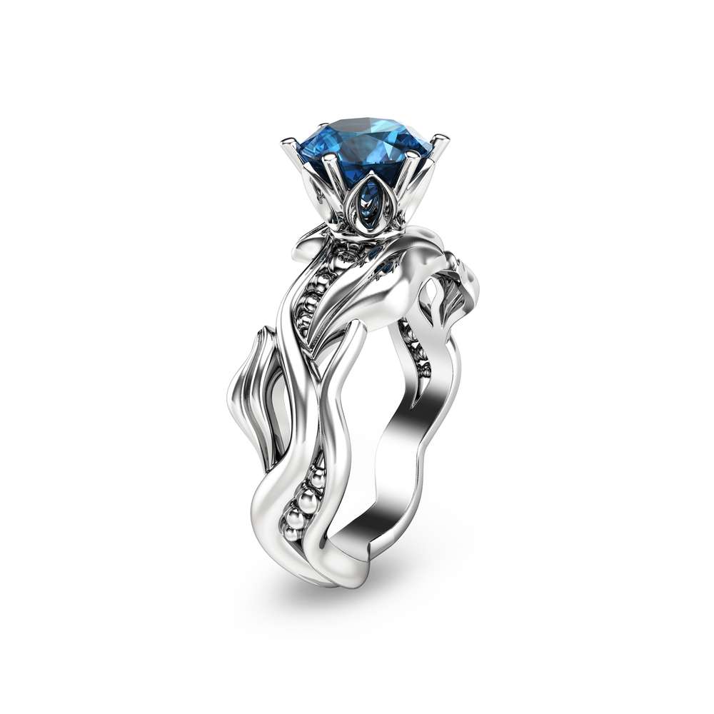 Handmade Blue Topaz Engagement Ring 14K White Gold Solitaire Wedding Ring Unique Blue Topaz Bridal Ring
